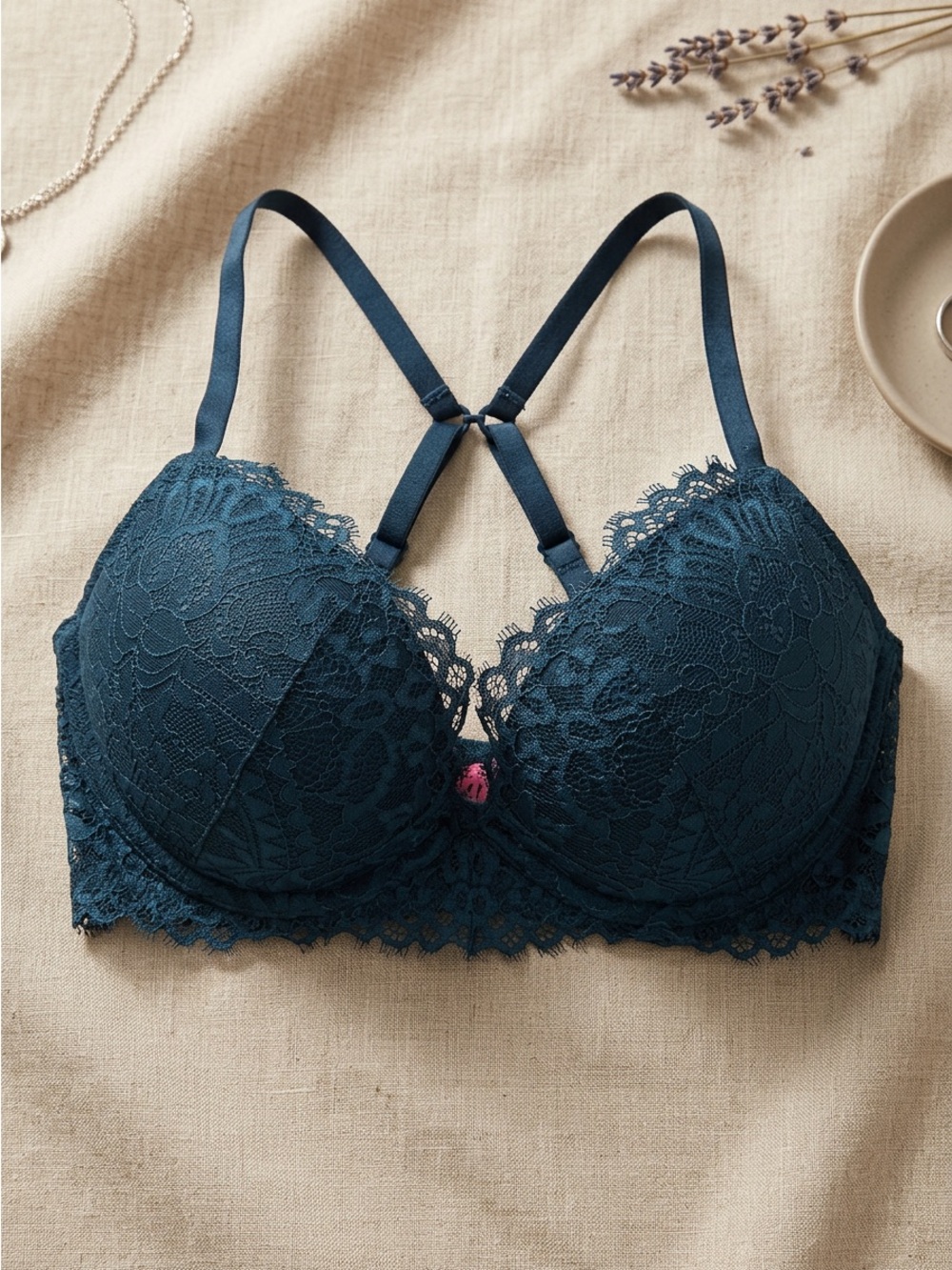 La Senza Teal All Over Lace Push Up Bra 32DDDD 32G Cage Straps Plunge Sweetheart
